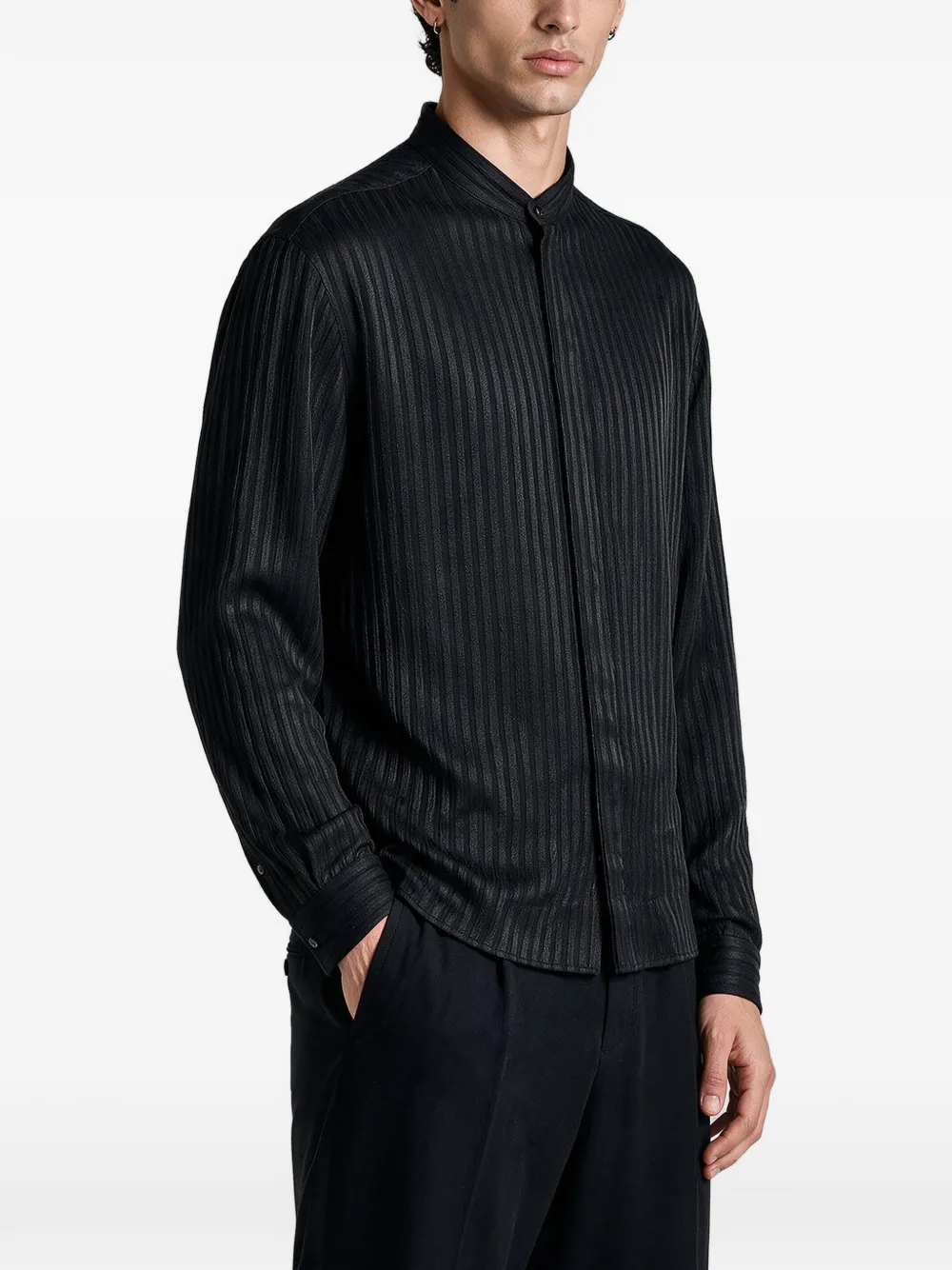 Giorgio Armani Gestreept overhemd met bandkraag Zwart