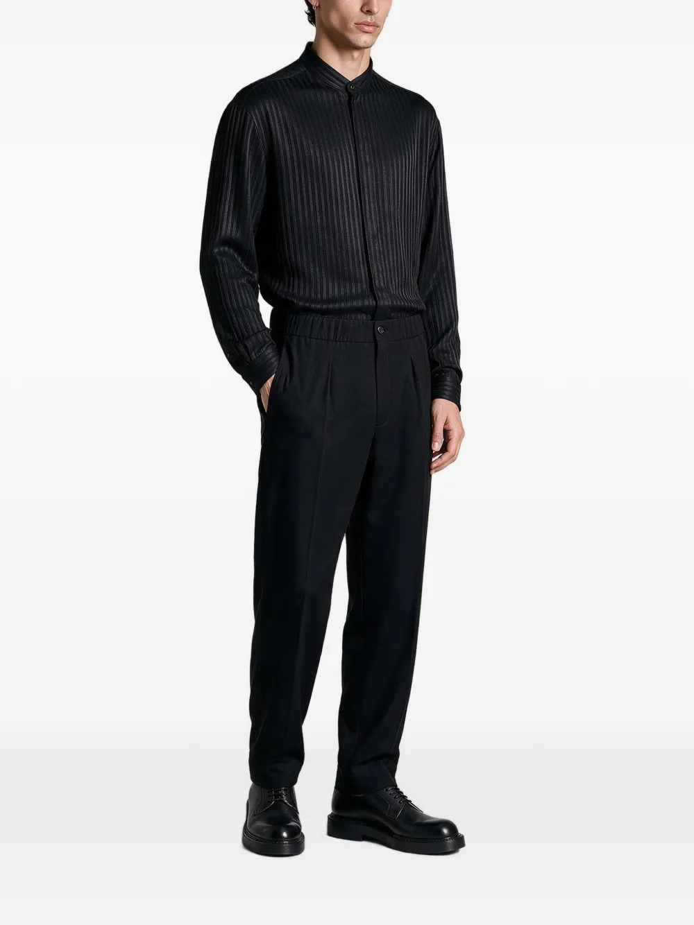 Giorgio Armani Gestreept overhemd met bandkraag Zwart