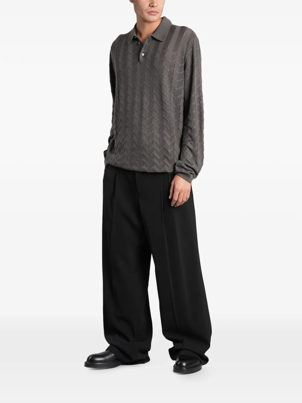 Emporio Armani Gebreid poloshirt met lange mouwen en chevron-patroon Grijs