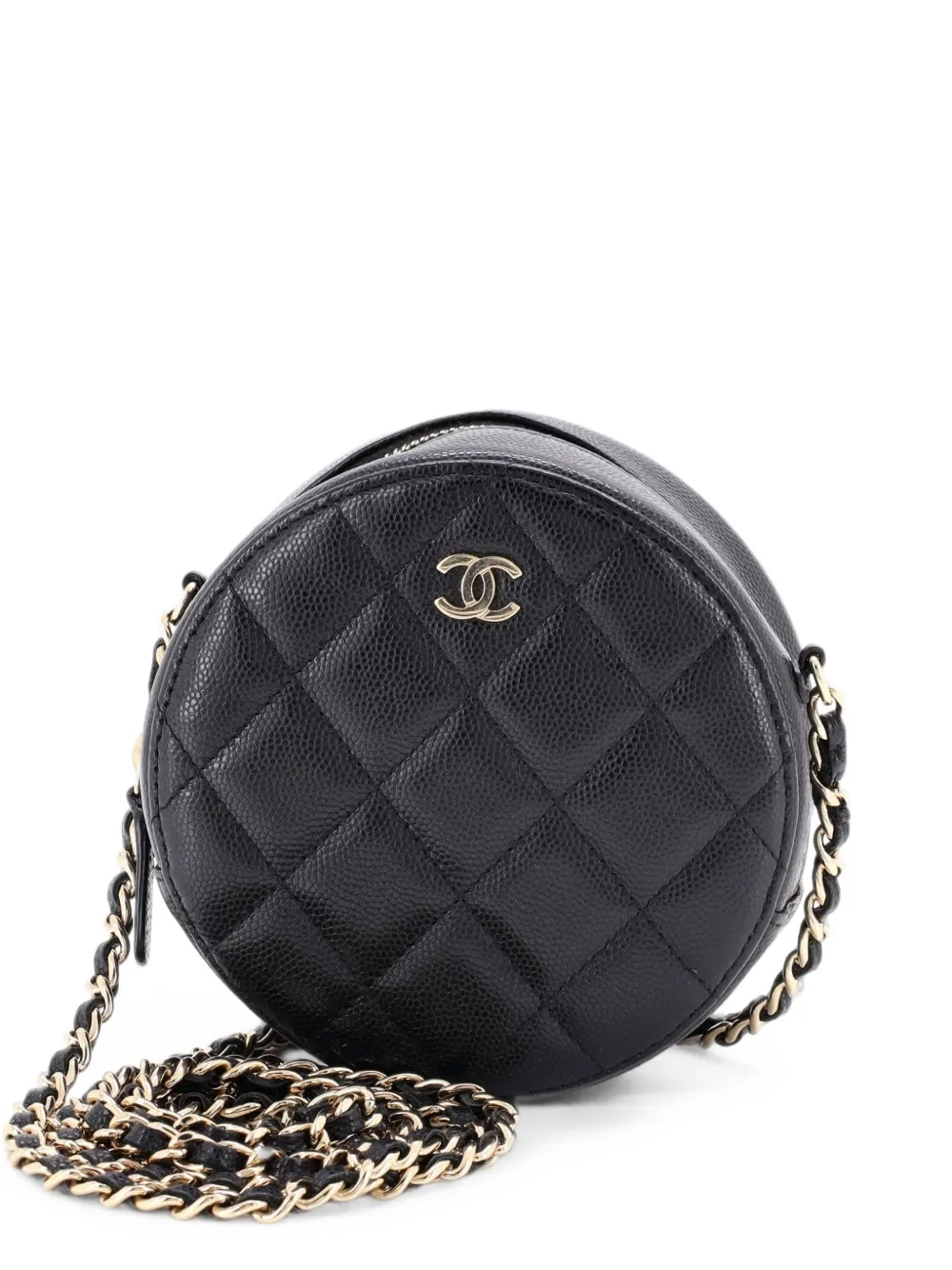 CHANEL Pre-Owned Mini runde Clutch aus gestepptem Kaviarleder mit Kettenriemen - Schwarz
