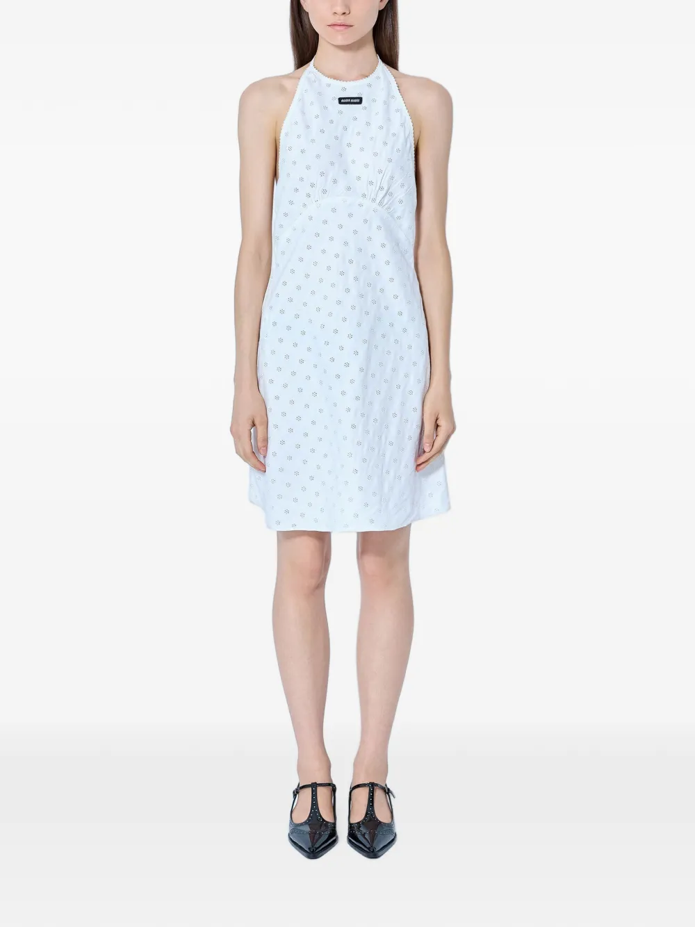 Miu Miu robe courte en cady et dentelle à œillets - Blanc Miu Miu robe courte en cady et dentelle à œillets - Blanc