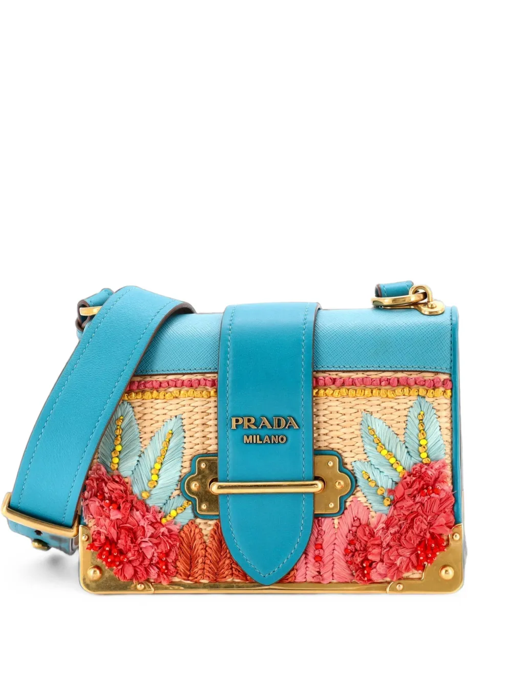 Prada Pre-Owned Cahier Crossbody Bag Embroidered Straw with Leather Small shoulder bag - Blau