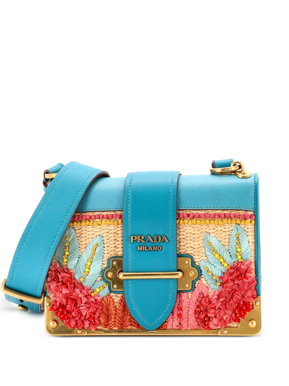 Prada Pre-Owned Cahier Crossbody Bag Embroidered Straw with Leather Small shoulder bag - Blu