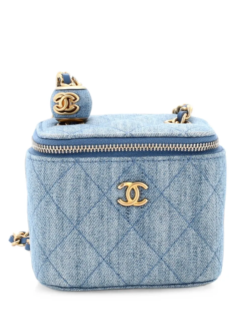 CHANEL Pre-Owned Pearl Crush Vanity Case with Chain Quilted Denim Mini clutch bag - Blu
