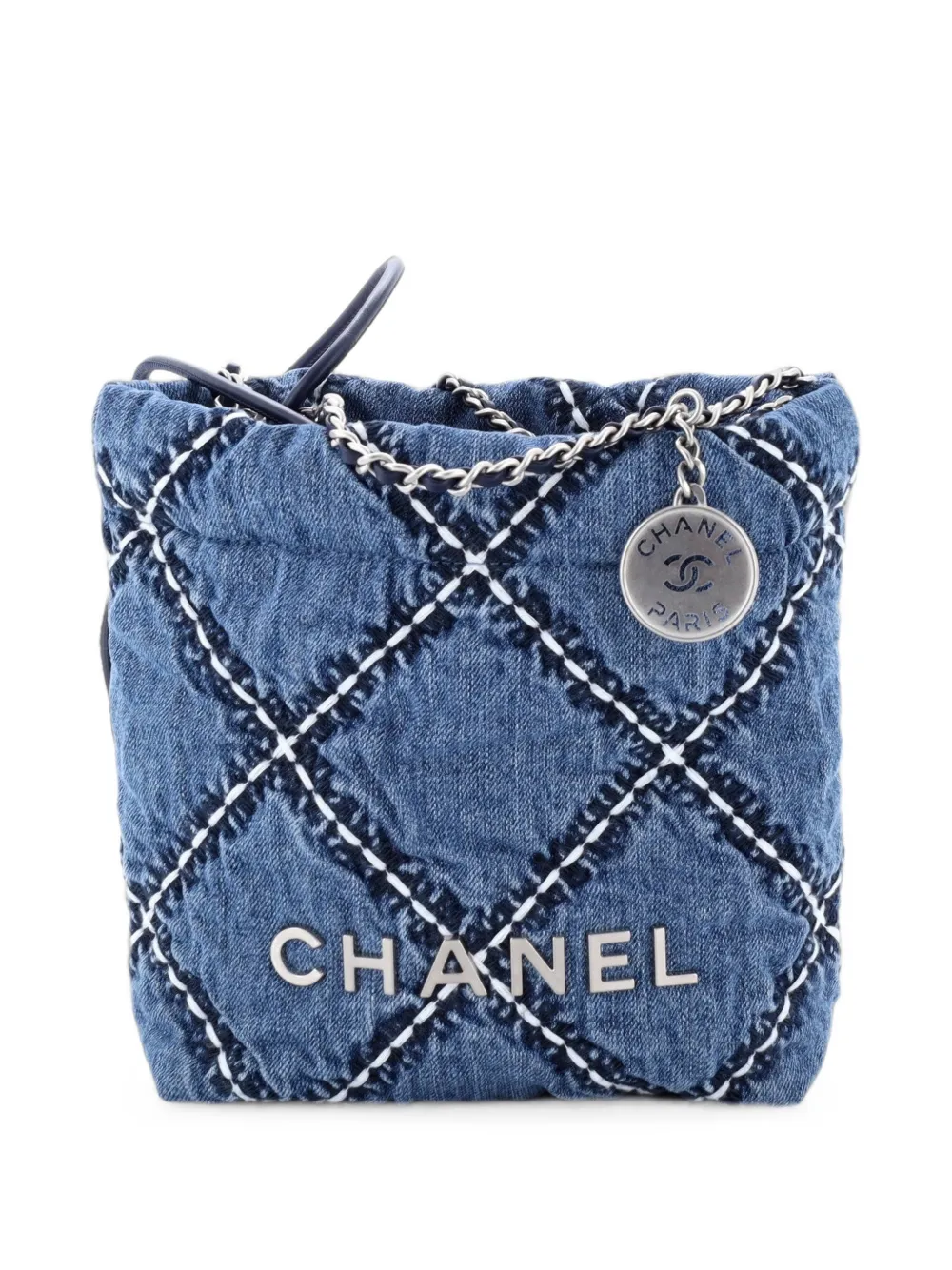 CHANEL Pre-Owned 22 Chain Quilted Stitched Denim Mini hobo bag - Blu