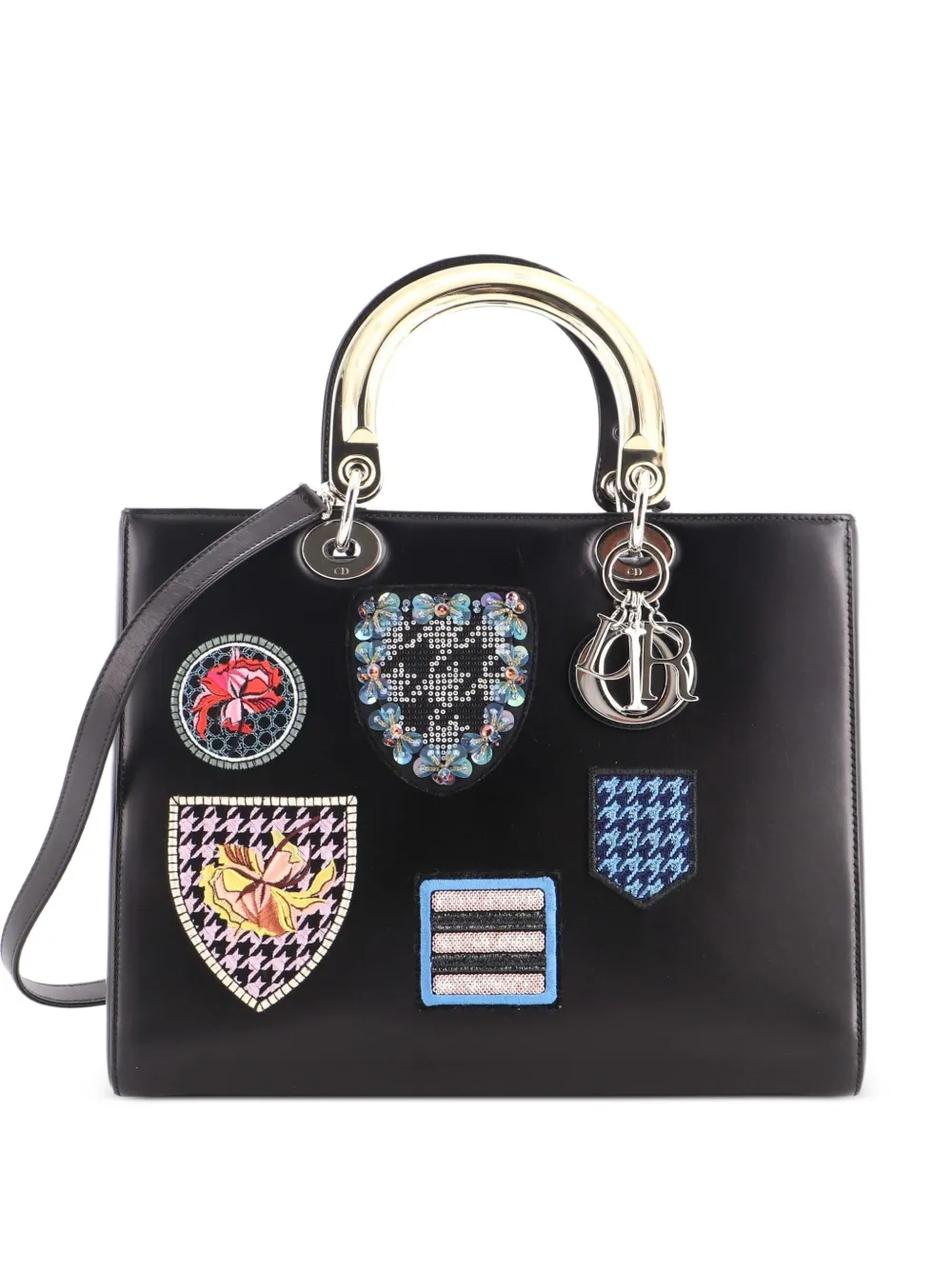 Christian Dior Pre-Owned Lady Dior Bag Patch Embellished Leather Large satchel - Black