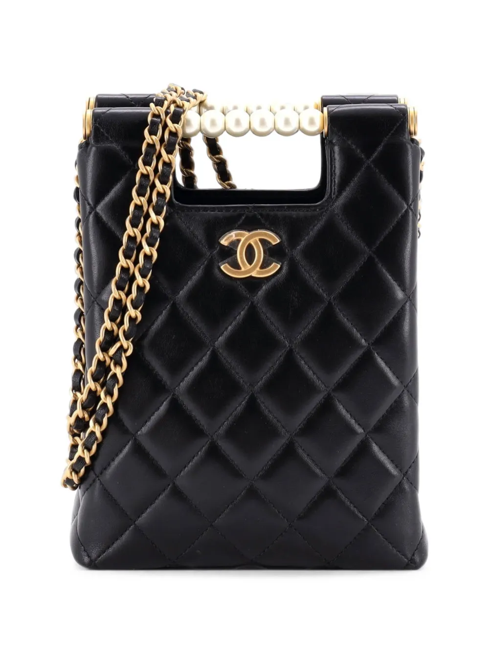 CHANEL Pre-Owned Borsa a spalla mini in pelle di agnello trapuntata con perle e zip - Nero