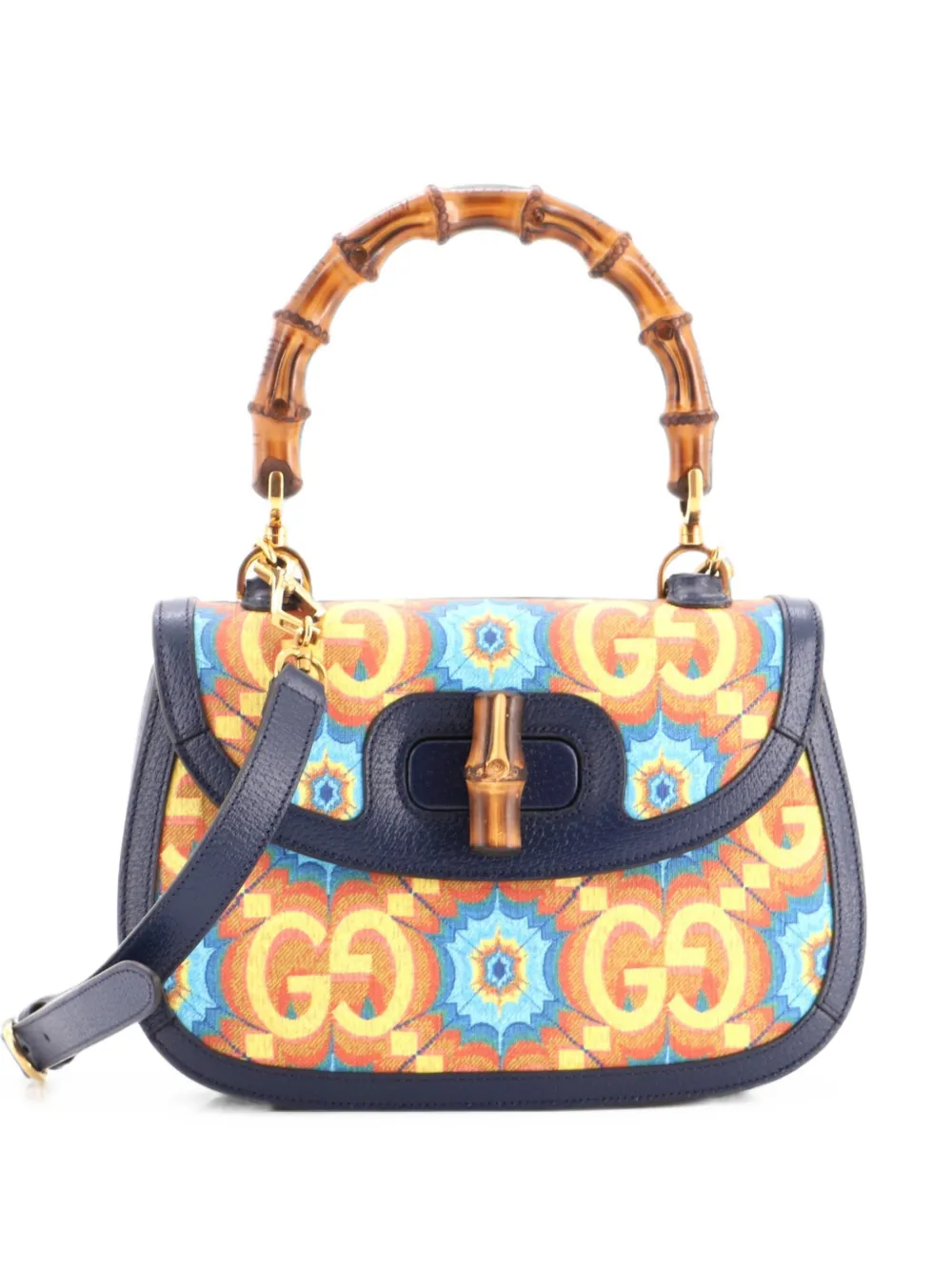 Gucci Pre-Owned Borsa a tracolla Bamboo 1947 media in tela cerata GG con stampa e manico - Blu