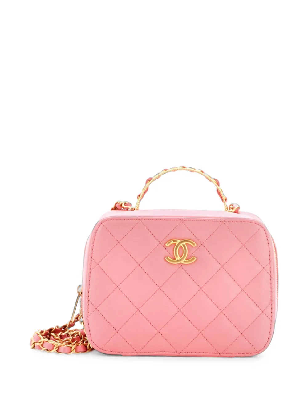 CHANEL Pre-Owned CC Chain Handle Zip Around Vanity Case with Chain Quilted Lambskin Small pouch - Rosa