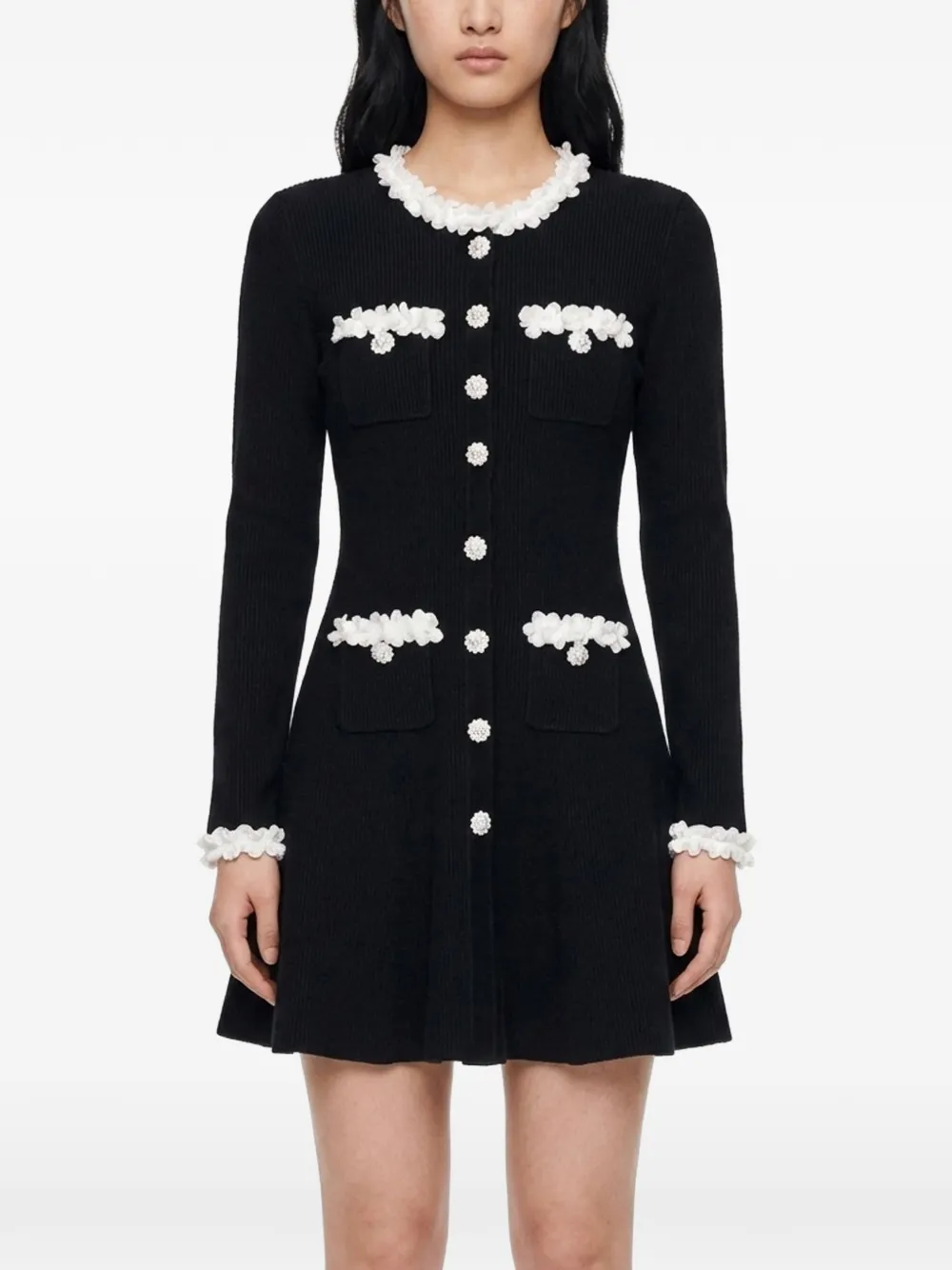 Self-Portrait Chenille gebreide mini-jurk met bloemenafwerking Zwart
