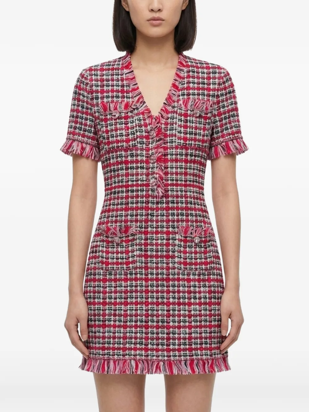 Self-Portrait check-pattern frayed-trim mini dress Rood