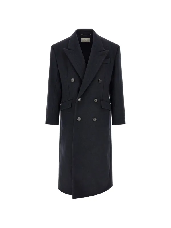 Saint Laurent Long Coat in Double-face Wool Felt in Blue