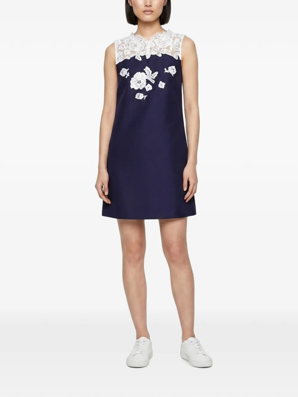 Self-Portrait lace-trimmed floral-appliqué mini dress Blauw