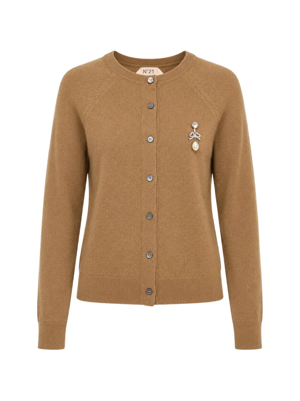Nº21 brooch-detail cardigan - Marrone