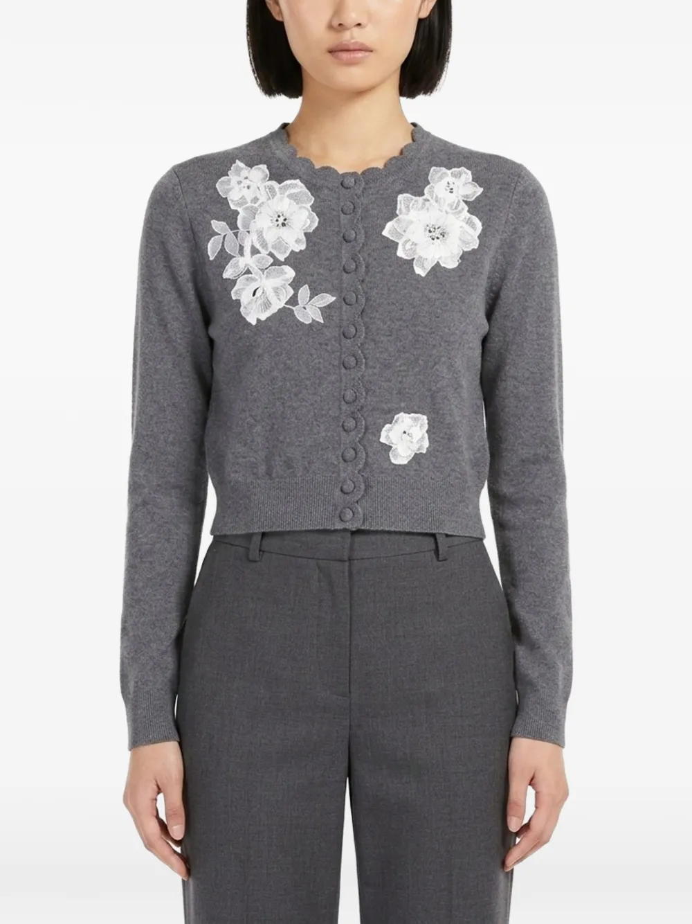 Self-Portrait lace-flower scalloped cardigan - Grigio