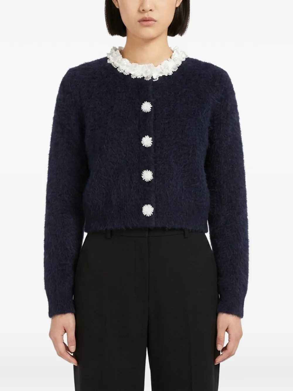 Self-Portrait flower-button pearl-trim cardigan - Blu