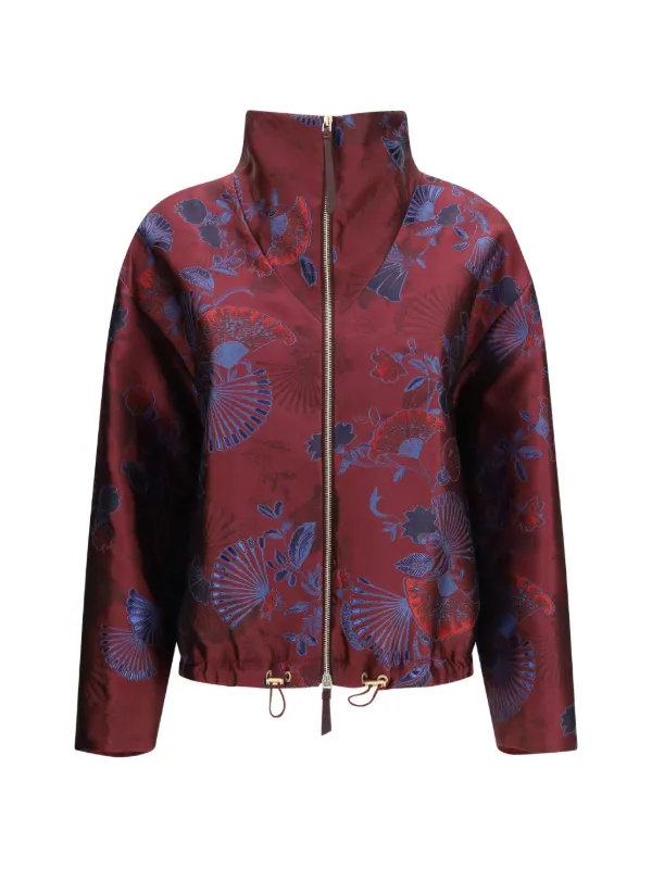 Giorgio Armani Floral-jacquard Funnel-neck Coat in Red