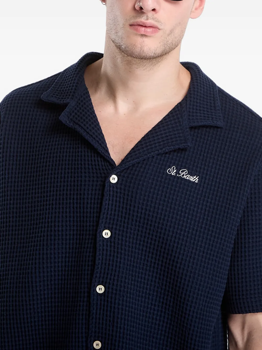 MC2 Saint Barth Wafelgebreid overhemd met geborduurd logo Blauw