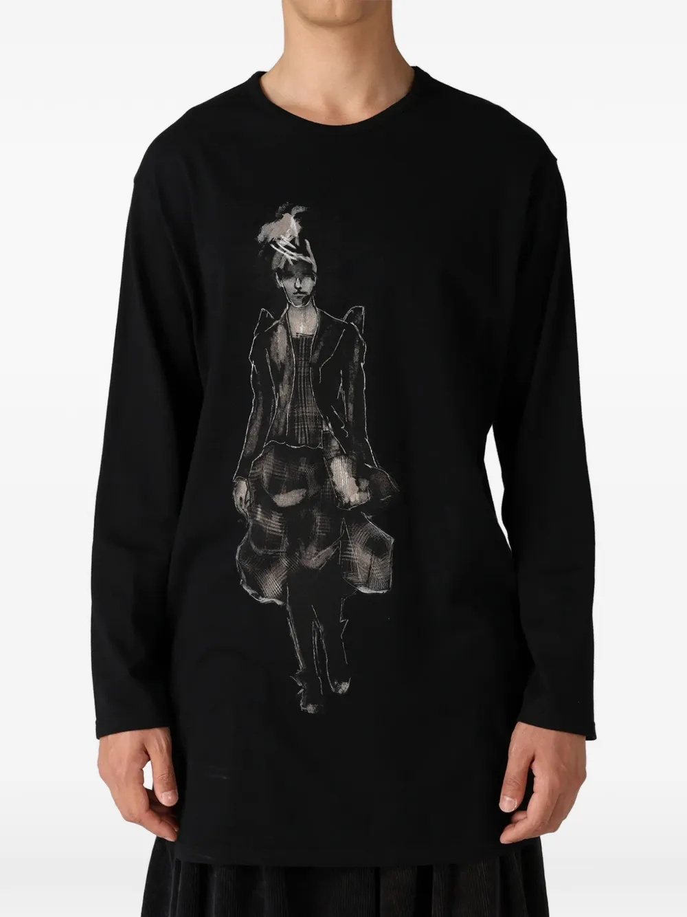 Yohji Yamamoto T-shirt met zijsplit en grafische print Zwart