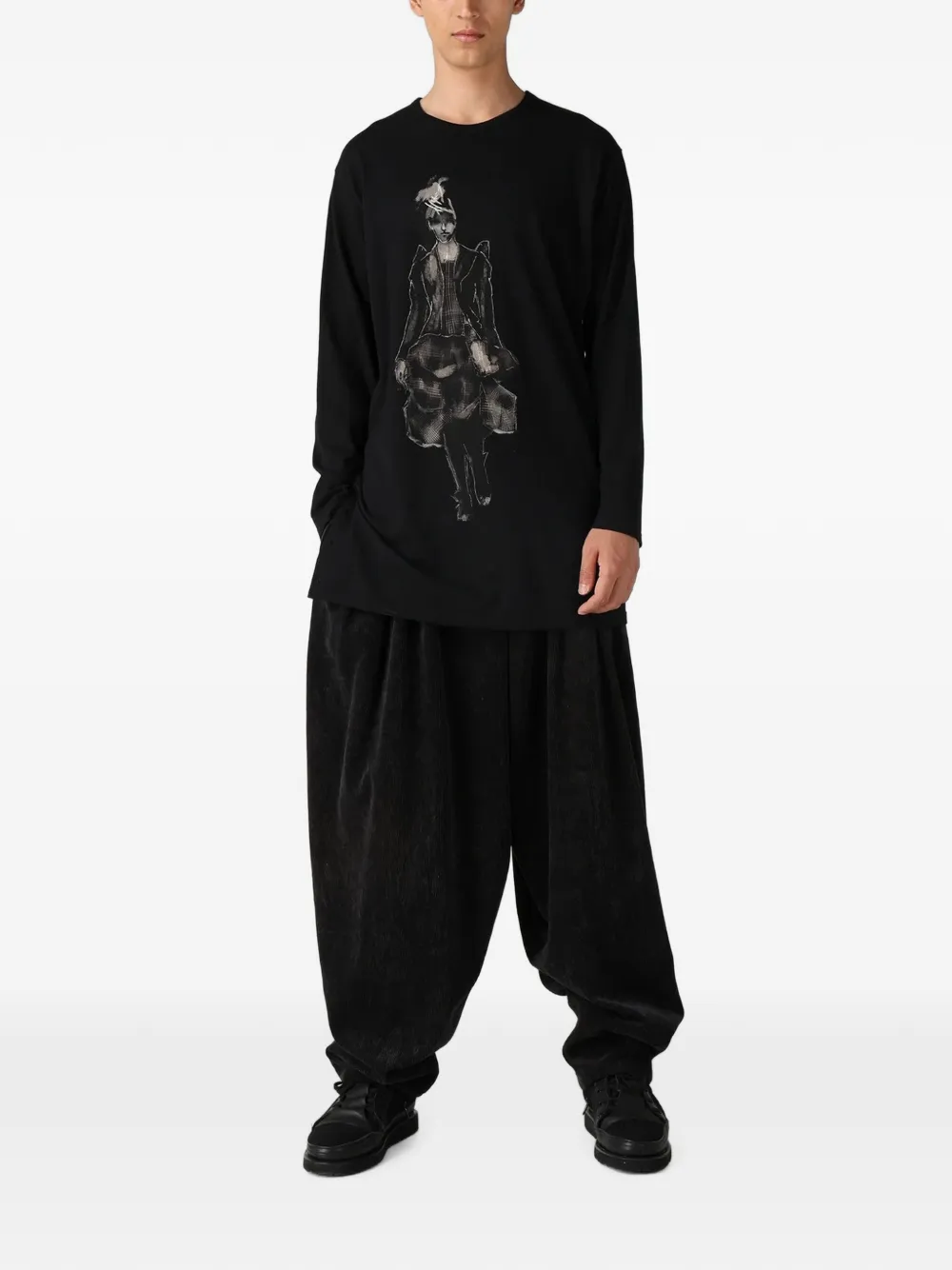 Yohji Yamamoto T-shirt met zijsplit en grafische print Zwart