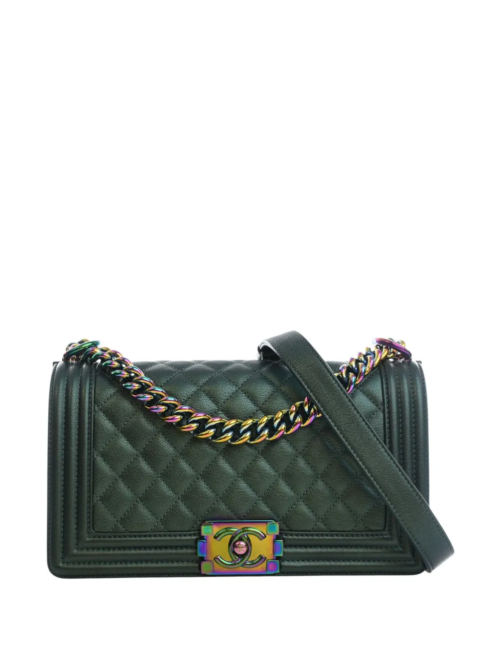 CHANEL Pre-Owned 2015-2016 Old Medium Quilted Iridescent Goatskin Rainbow Hardware Boy Flap crossbody bag - Verde