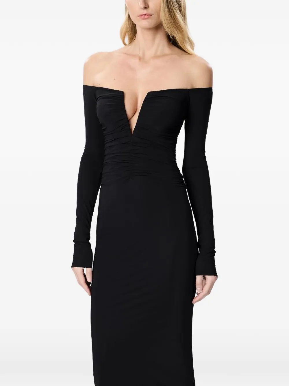 Amazuìn Gesmockte off-shoulder midi-jurk Zwart