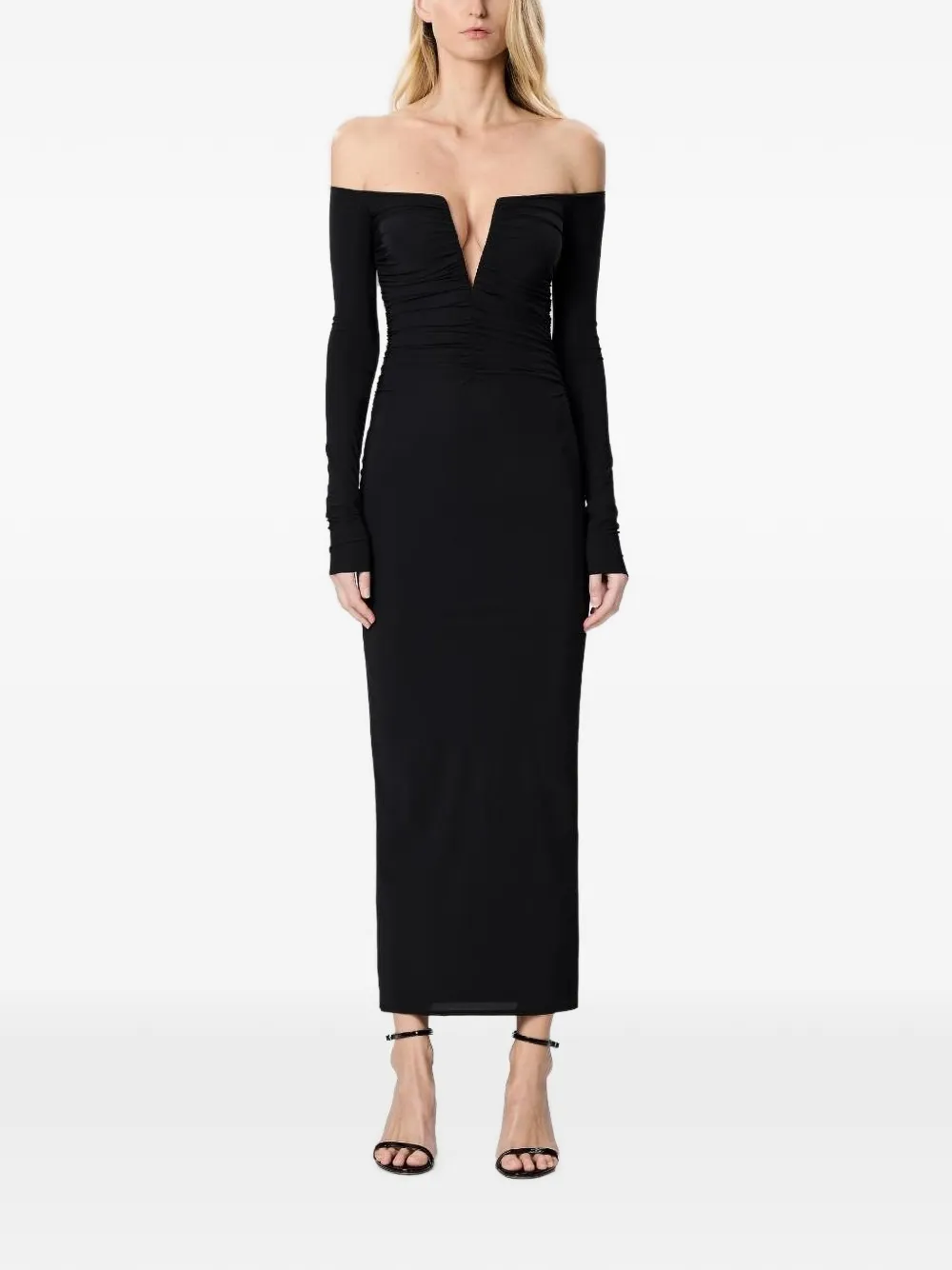 Amazuìn Gesmockte off-shoulder midi-jurk Zwart