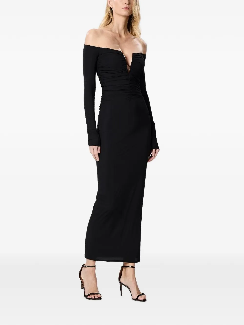 Amazuìn Gesmockte off-shoulder midi-jurk Zwart