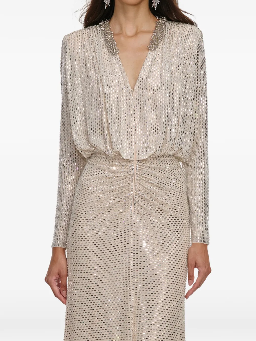 Self-Portrait Maxi-jurk met ruches verfraaid met stras Beige