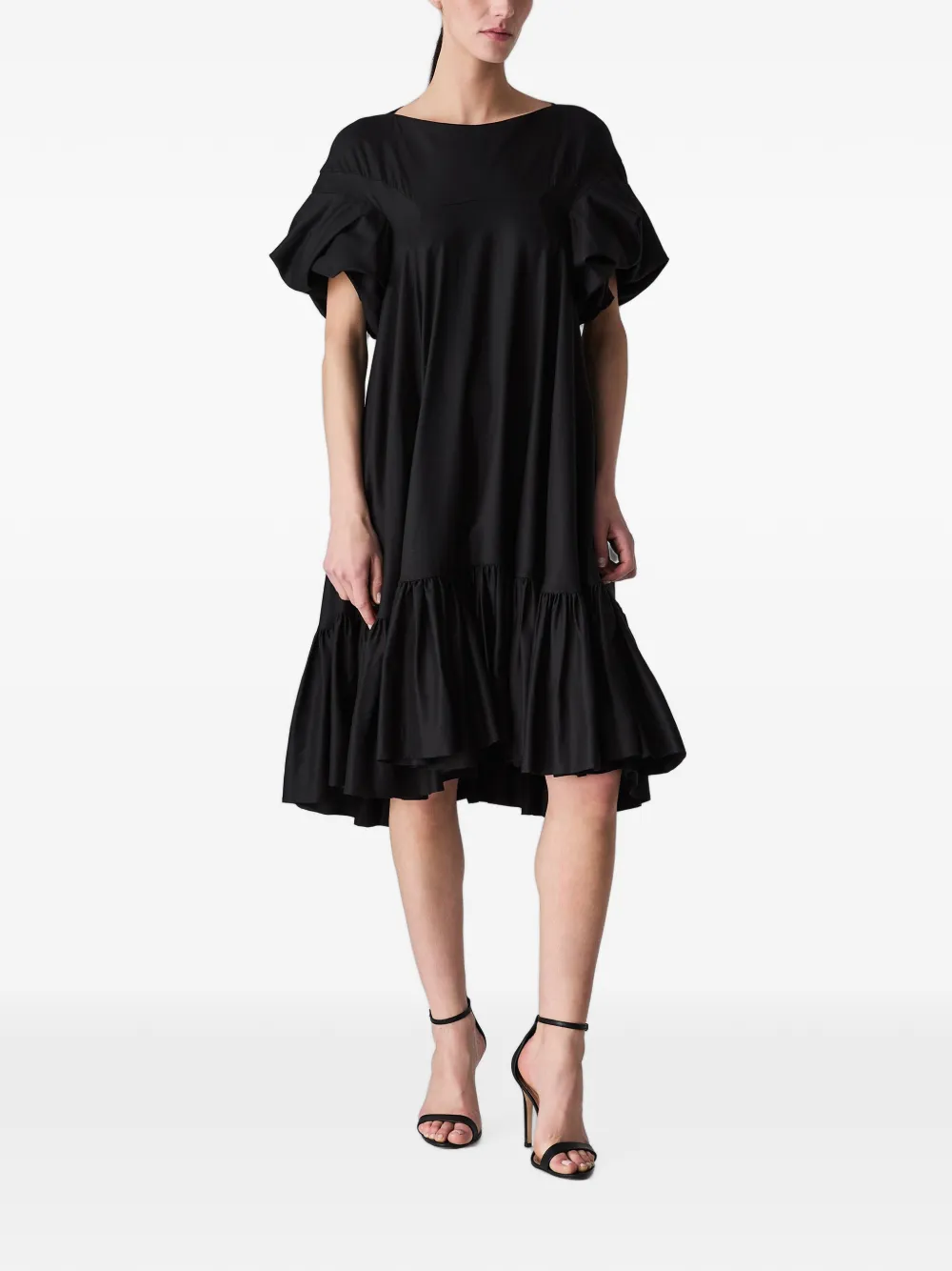 Vera Wang Cordy midi-jurk met pofmouwen en ruches Zwart