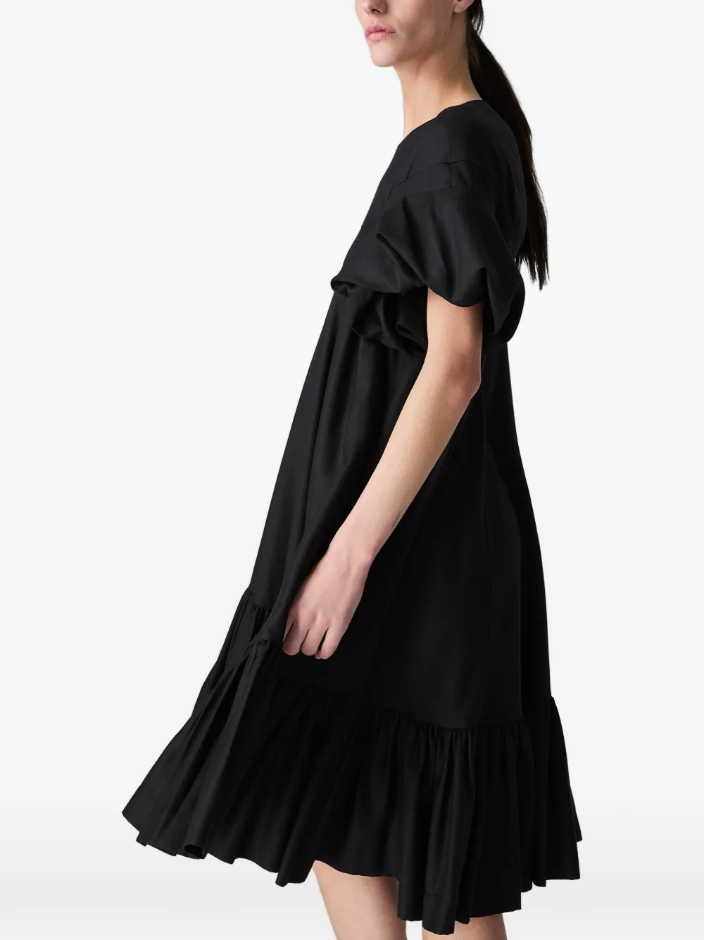Vera Wang Cordy midi-jurk met pofmouwen en ruches Zwart