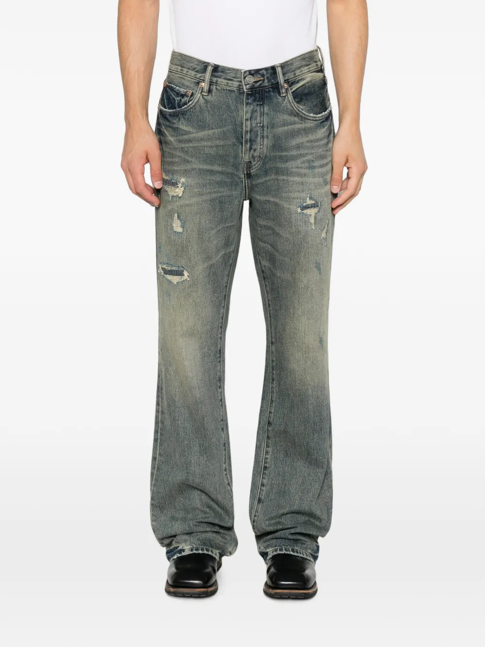 Purple Brand distressed paisley-patch bootcut jeans Blauw