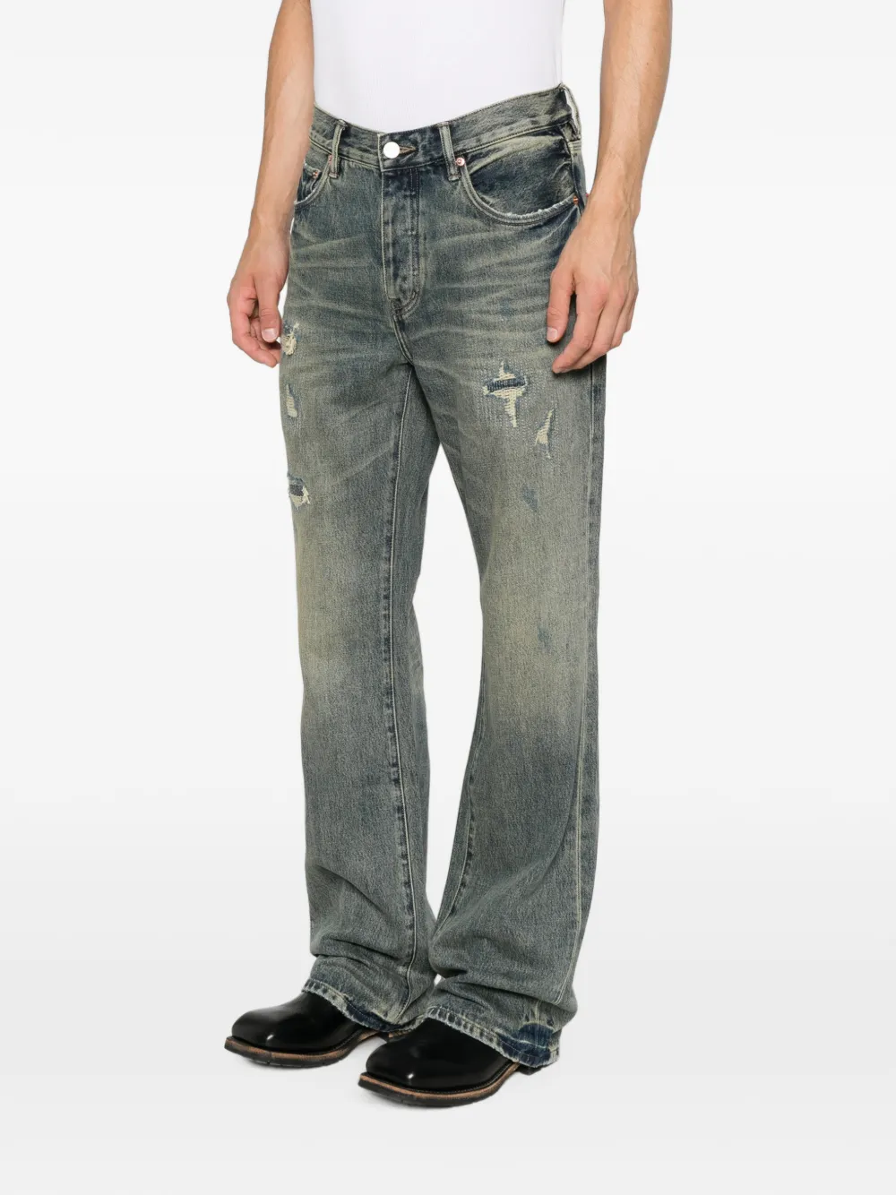 Purple Brand distressed paisley-patch bootcut jeans Blauw