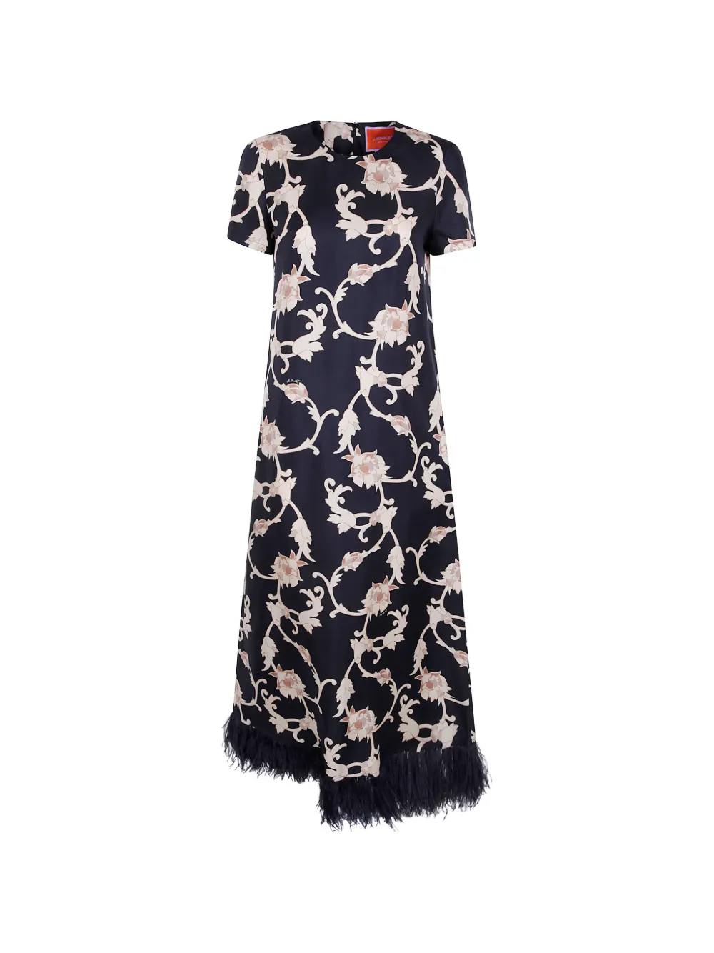 La Doublej Floral-print Feather-trim Dress In Schwarz