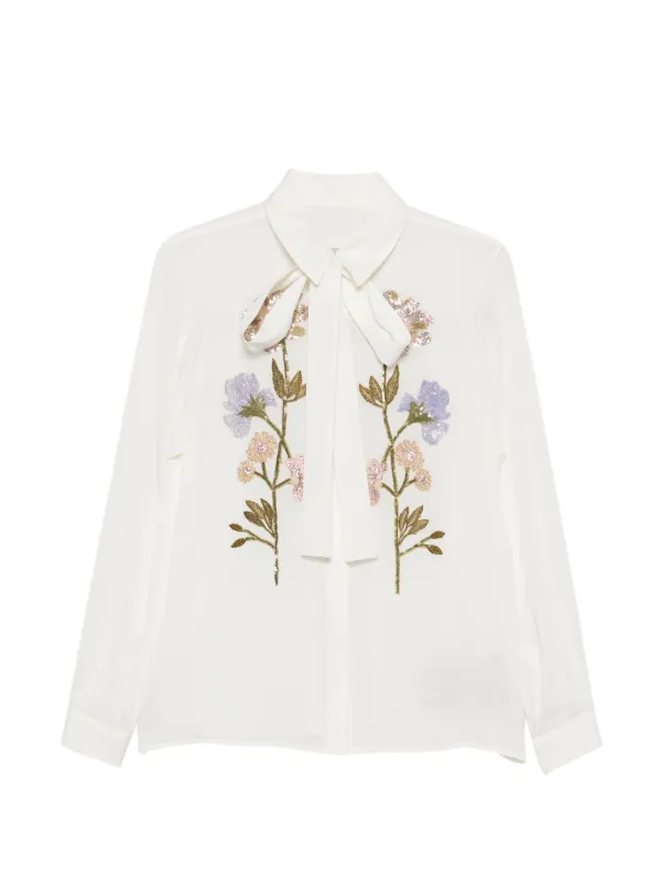 Elie Saab Floral-embroidered Pussy-bow Blouse in White