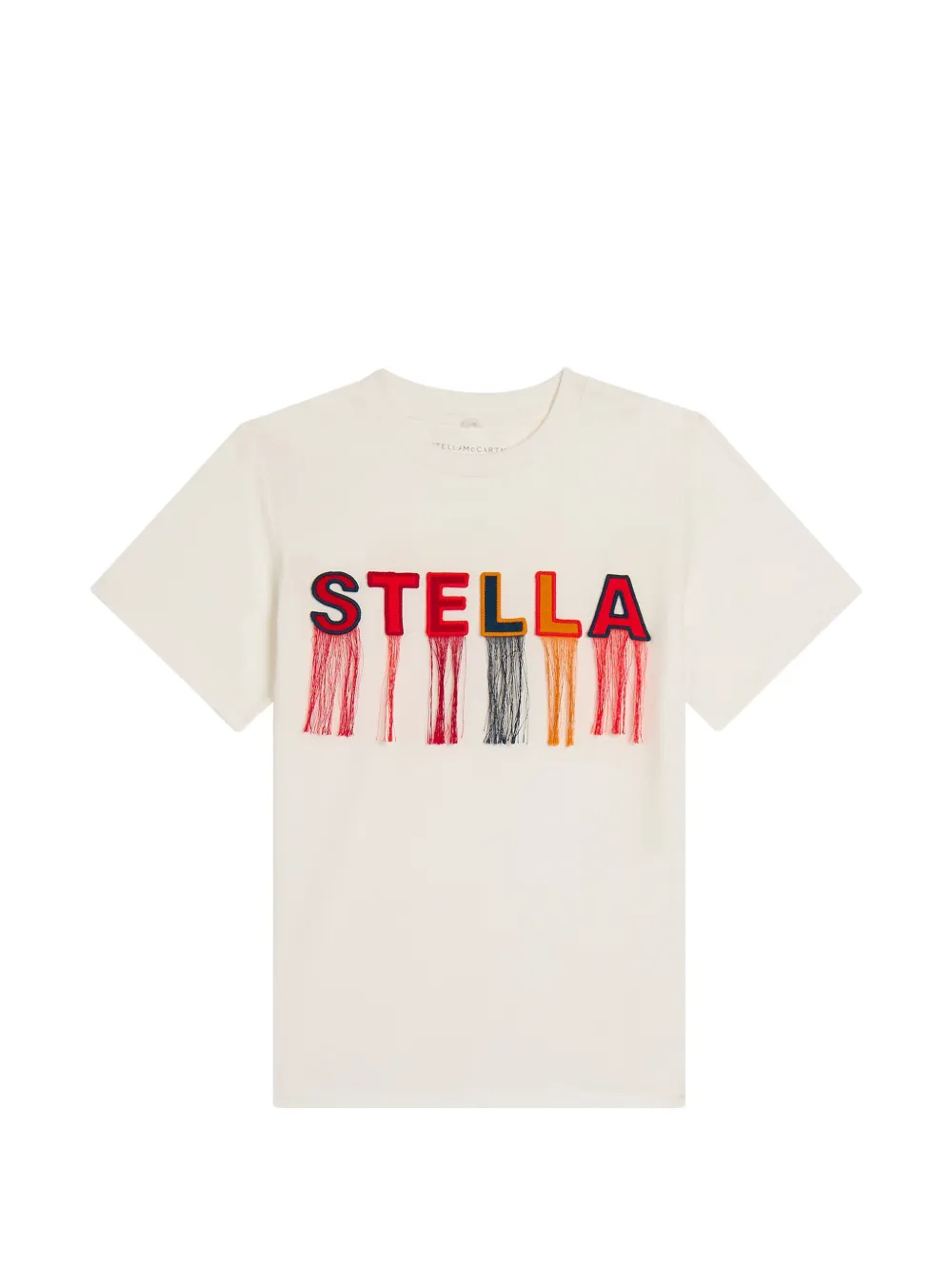 Stella McCartney Kids logo-appliqué fringed T-shirt - Toni neutri