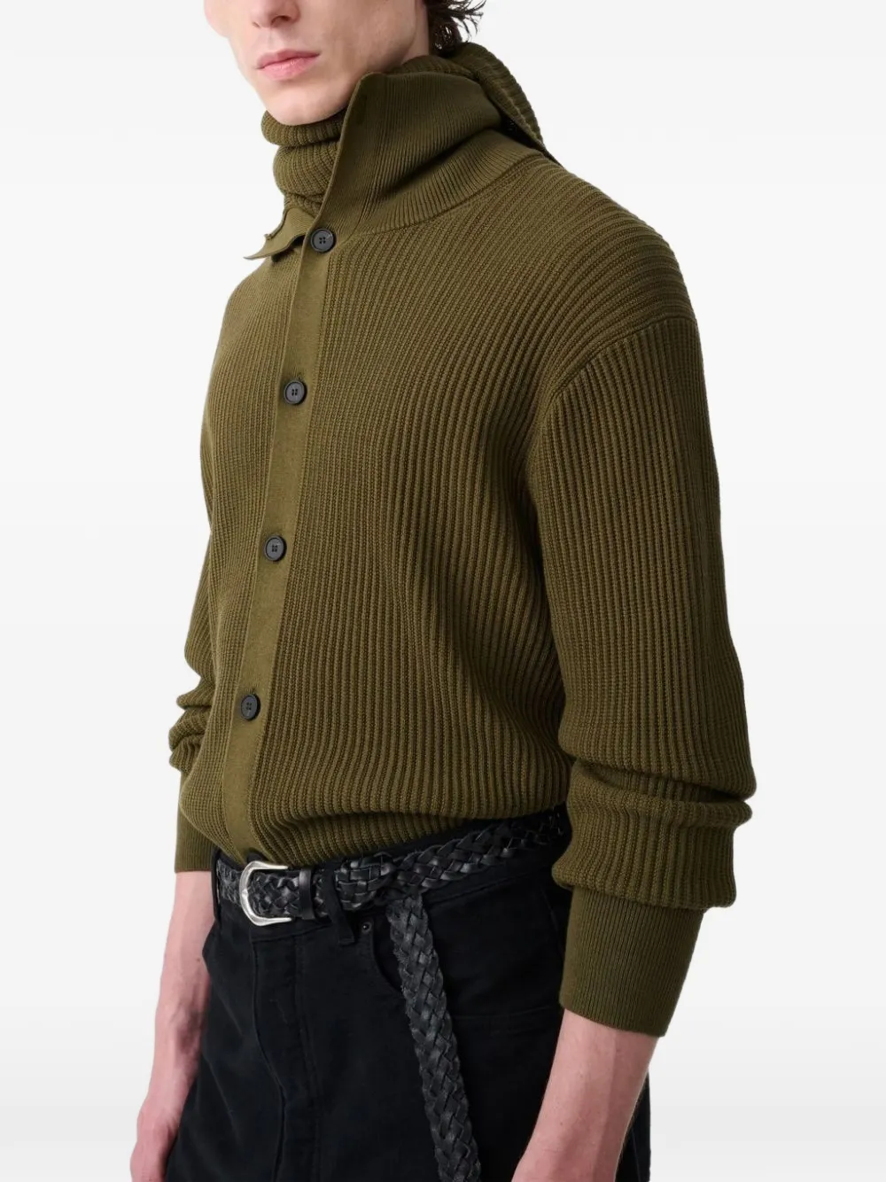 Studio Nicholson Oran ribbed-knit high-neck cardigan Groen