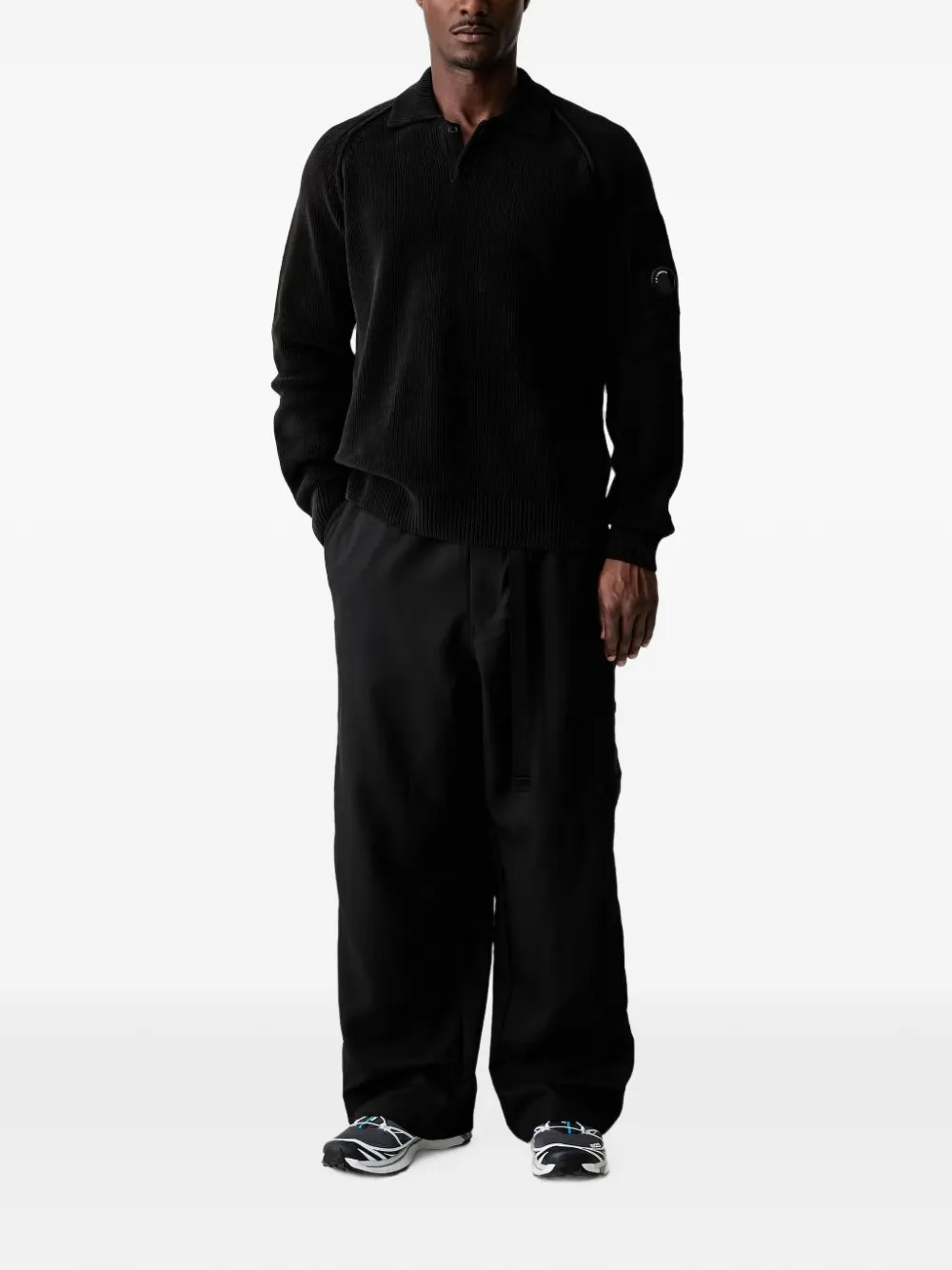 C.P. Company Lens-detail ribbed-knit polo shirt Zwart