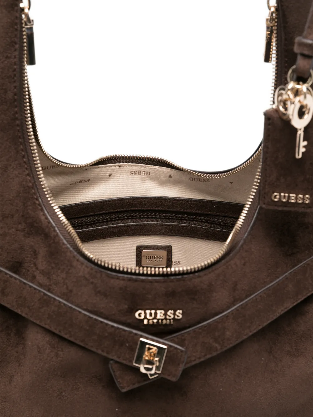 GUESS USA Schoudertas met gespdetail en suède afwerking Bruin