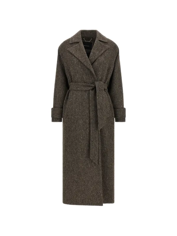 Kiton Chevron-weave Belted Coat in Brown