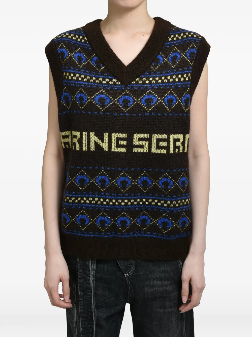 Marine Serre jacquard-knit V-neck vest Zwart