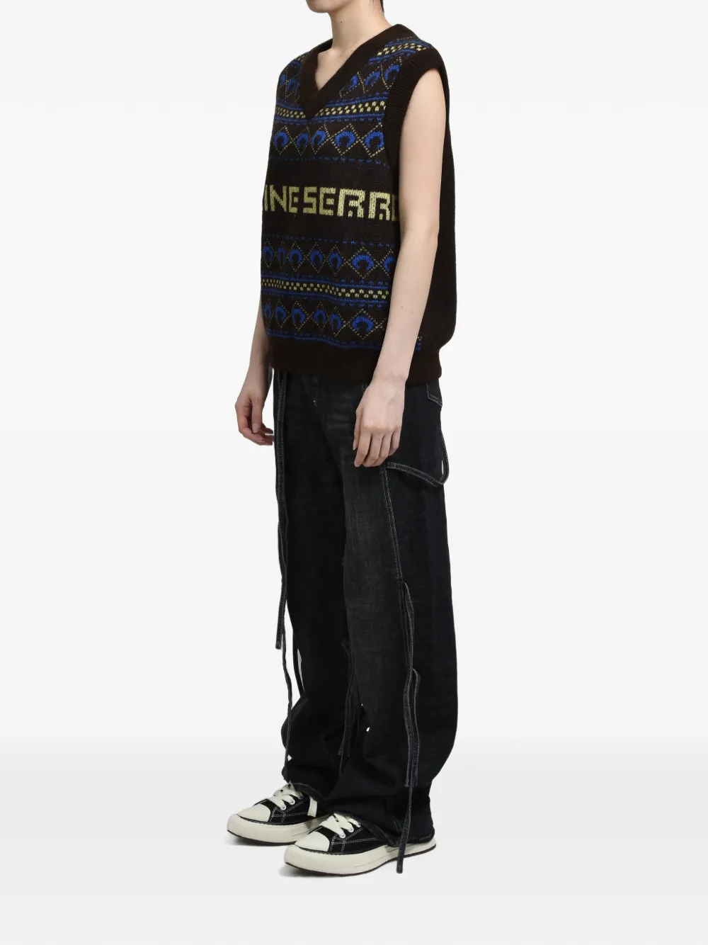 Marine Serre jacquard-knit V-neck vest Zwart
