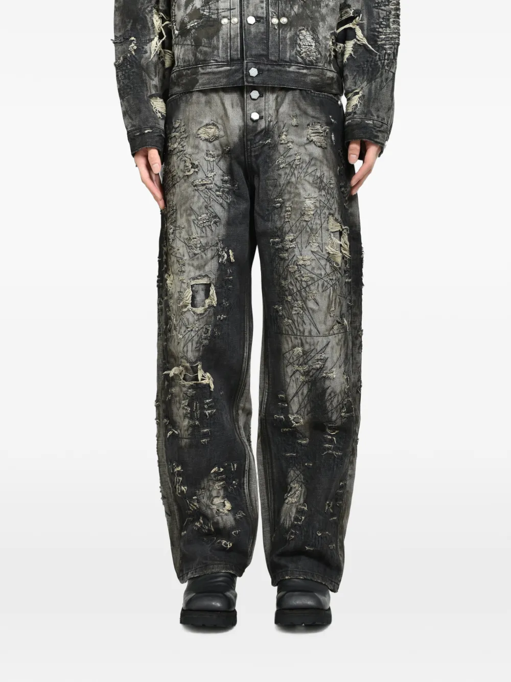 THUG CLUB Hardgewassen beschadigde ruimvallende jeans Zwart