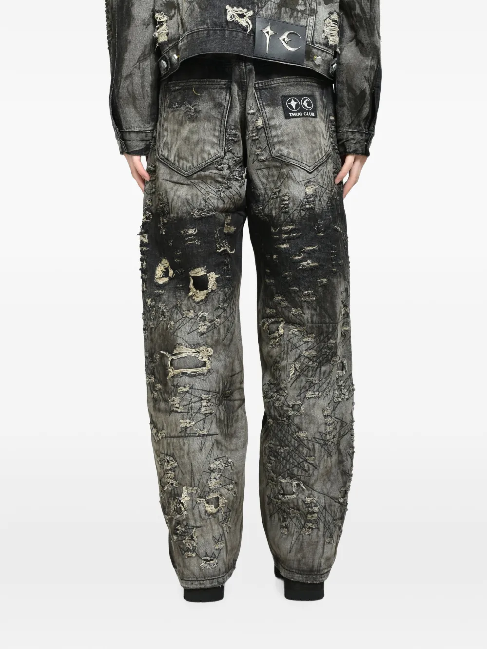 THUG CLUB Hardgewassen beschadigde ruimvallende jeans Zwart