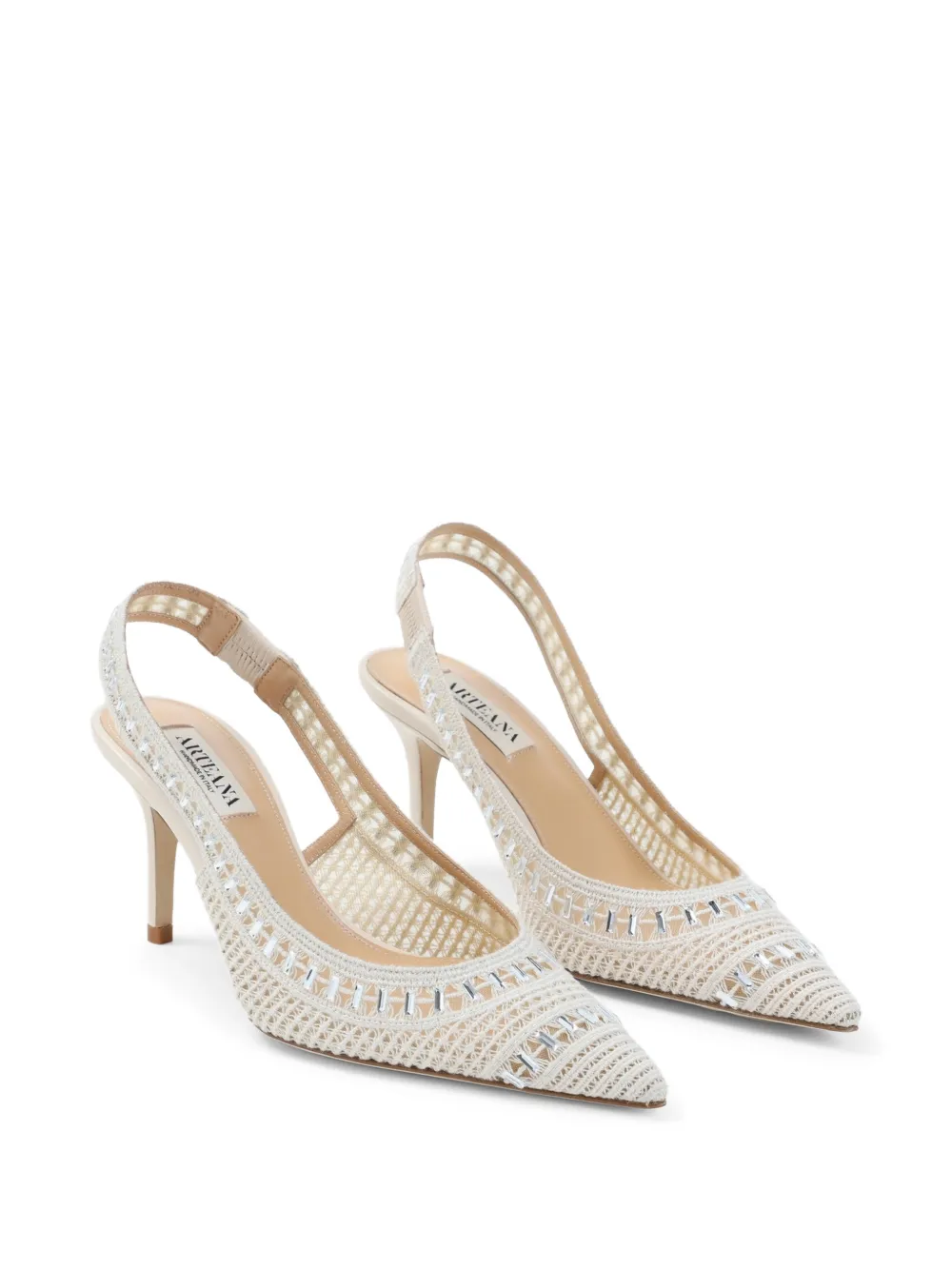 Arteana Trieste embellished crochet slingback pumps Beige