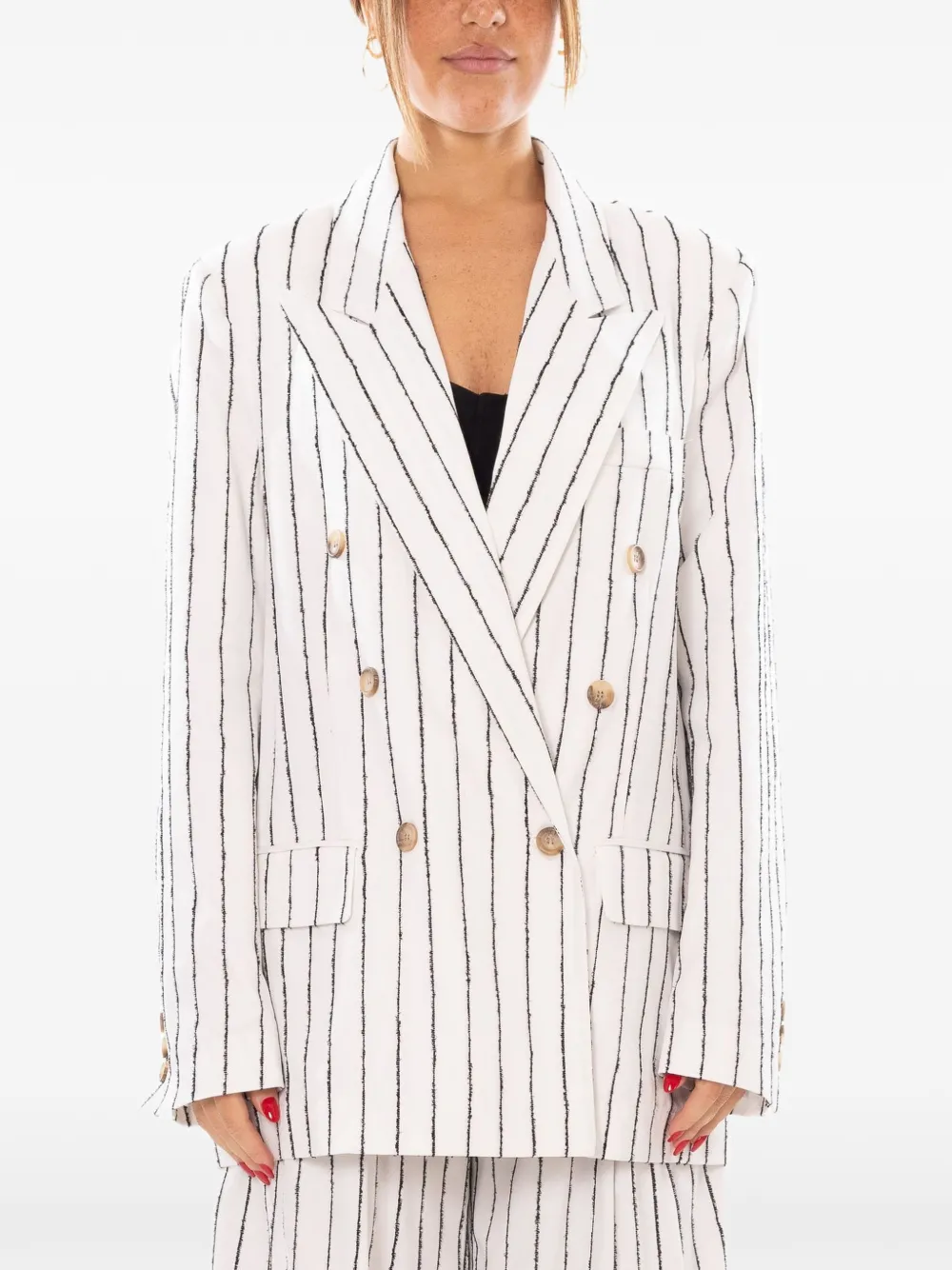 White Sand Striped Double-breasted Blazer In White