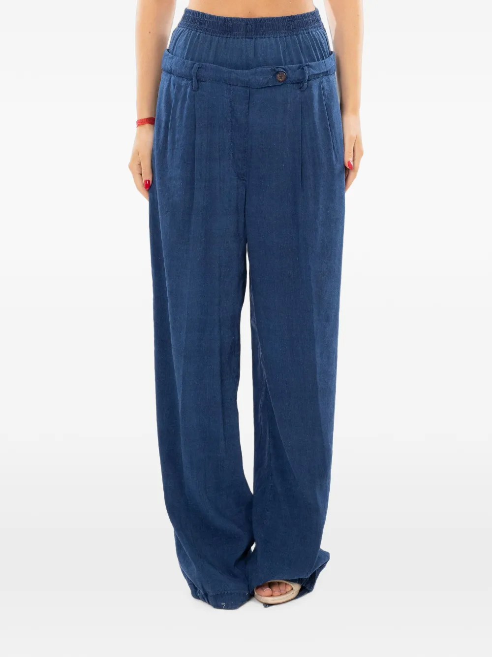 White Sand Double-waisted Pleated Trousers In Blue
