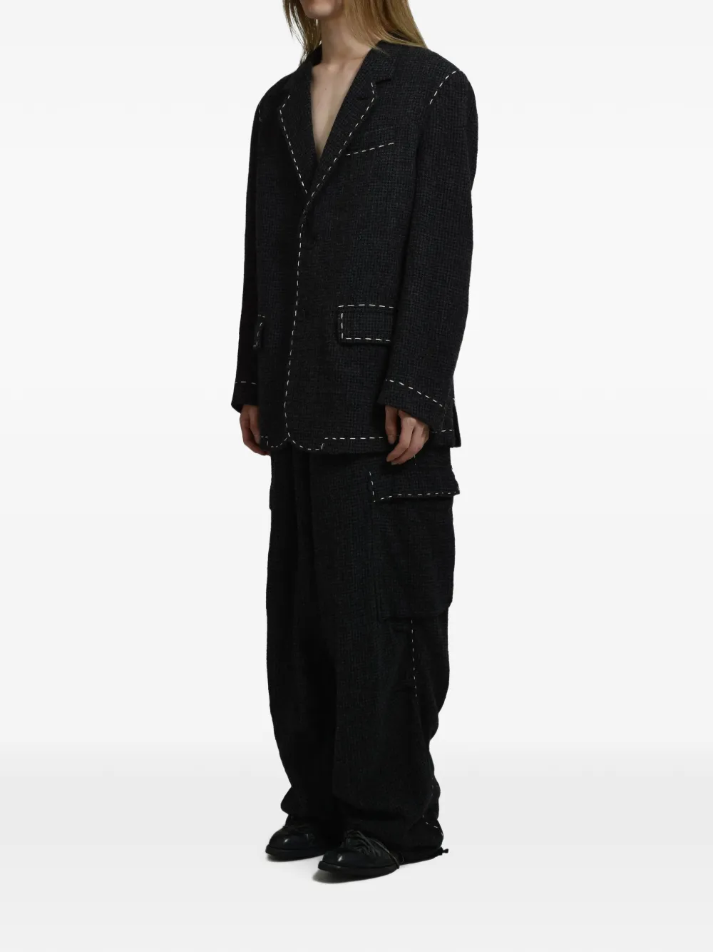 Y's Blazer met pied-de-poule print en stiksels Zwart