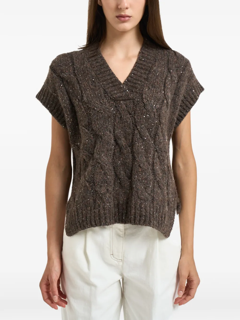 Peserico sequin-embellished cable-knit vest - Marrone