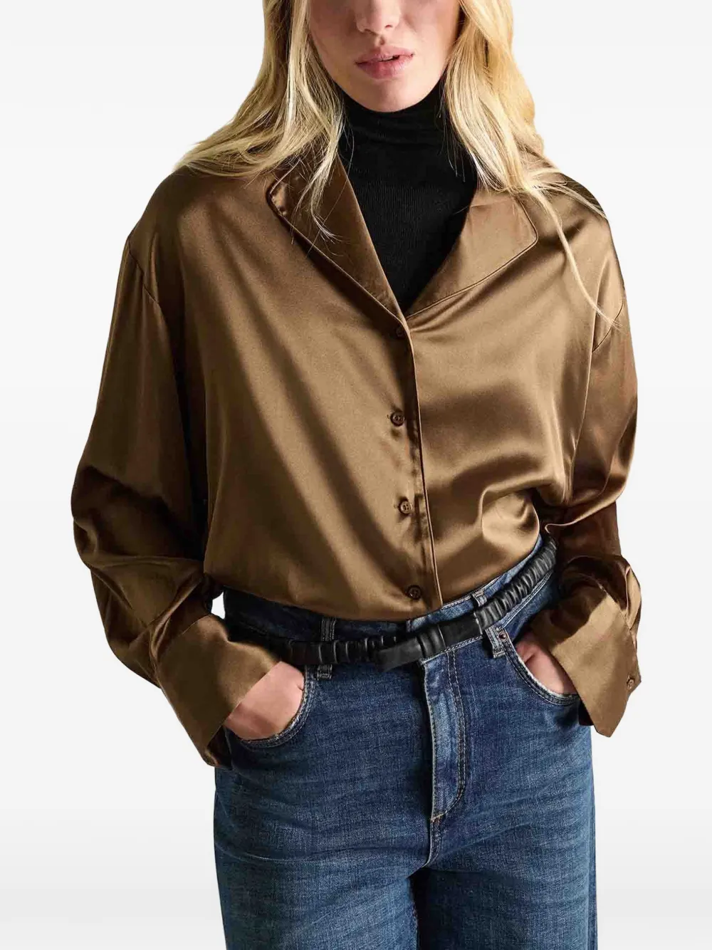 Dorothee Schumacher Sense of Shine blouse met gekerfde revers en satijnen afwerking Bruin